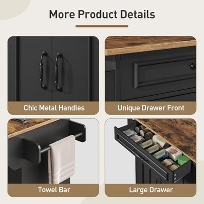 Kitchen Island with Power Outlets & Drop Leaf, Rolling Kitchen Cart on Wheels, Kitchen Storage Island with Spice Rack and Drawer for Kitchen, Dinning Room, Black and Rustic Brown - color: Black + Rustic Brown