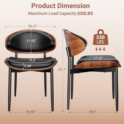 YaFiti Dining Chairs Set of 2, Mid Century PU Leather Kitchen Chairs, Black | Ergonomic Walnut Backrest, Upholstered Waterproof PU Leather Seat, Stable Metal Legs, Adjustable Footpads, Apartment Friendly - color: Black Pu