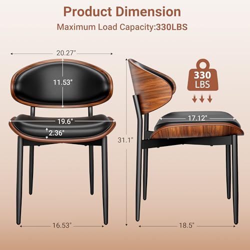 YaFiti Dining Chairs Set of 2, Mid Century PU Leather Kitchen Chairs, Black | Ergonomic Walnut Backrest, Upholstered Waterproof PU Leather Seat, Stable Metal Legs, Adjustable Footpads, Apartment Friendly - color: Black Pu