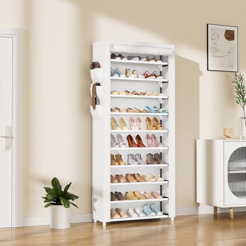 VTRIN Vertical Narrow Shoe Rack Organizer Tall Shoe Rack for Closet Entryway 10 Tier Non-Woven Cover Shoe Shelf Holds 36-41 Pairs Free Standing Shoe Storage Cabinet with Dustproof Cover, White - color: White, size: 24.8"W x11.8"D x 68.9"H