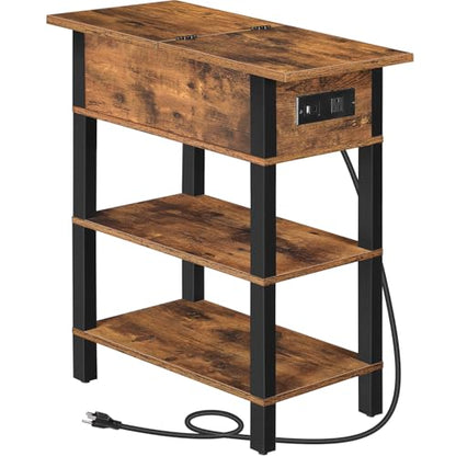 HOOBRO End Table with Charging Station, Flip Top Side Table with USB Ports, Narrow Nightstand Bedside Tables with Storage Shelves, for Small Space, Living Room, Rustic Brown and Black BF141UBZ01 - color: Rustic Brown + Black