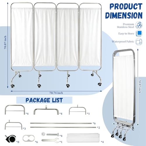 4-Panel Medical Privacy Screen, 79" W X 71" H Portable Room Divider with Lockable Wheels, Movable Stainless Steel Folding Room Partitions for Hospital, Clinic, Bedroom, Salon, White
