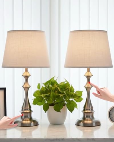 Touch Table Lamps Set of 2, 20.47" Rustic Bedside Lamps for Night Stand | Silver Brushed Nickel Metal, White Linen Shade, Farmhouse Nightstand Light for Bedroom, Living Room End Table, Entryway