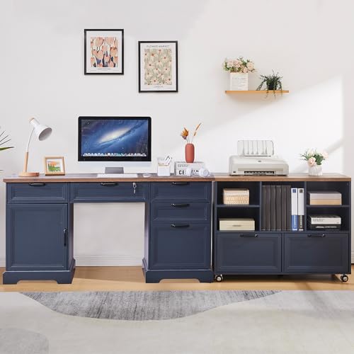 60" Farmhouse Executive Desk with 40" Mobile File Cabinet,L Shaped Desk Set with Charging Station,Office Desk with Storage Drawers,Wood Computer Desk Set for Office Work,Home Study - color: Blue