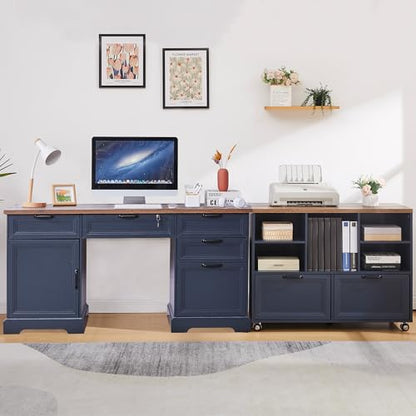 60" Farmhouse Executive Desk with 40" Mobile File Cabinet,L Shaped Desk Set with Charging Station,Office Desk with Storage Drawers,Wood Computer Desk Set for Office Work,Home Study - color: Blue