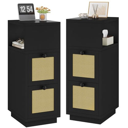 YMYNY Rattan Nightstands Set of 2, Boho Bedside Table with Open Shelf, 2 Drawers, 9.45" x 11.42" x 25.59", Narrow Side Table, Bedside Cabinet for Bedroom and Small Spaces, Black UHST017B-2 - color: Black