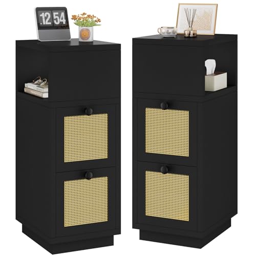 YMYNY Rattan Nightstands Set of 2, Boho Bedside Table with Open Shelf, 2 Drawers, 9.45" x 11.42" x 25.59", Narrow Side Table, Bedside Cabinet for Bedroom and Small Spaces, Black UHST017B-2 - color: Black