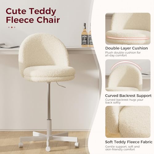 GTPLAYER Velvet Tall Office Chair with Wheels Vanity Chairs with Back, Versatile Height Use: Office to Bar Stools Small Ergonomic Comfy Armlees Computer Desk Chair with Bow Lumbar Pillow for Gift - color: Tv-cream