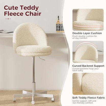 GTPLAYER Velvet Tall Office Chair with Wheels Vanity Chairs with Back, Versatile Height Use: Office to Bar Stools Small Ergonomic Comfy Armlees Computer Desk Chair with Bow Lumbar Pillow for Gift - color: Tv-cream