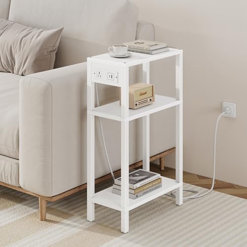 TUTOTAK Narrow Side Table, 3-Tier Small End Table with Charging Station | Skinny Sofa Table, Slim Nightstand, Easy Assembly for Living Room, Bedroom, White TB01BW079 - color: White, size: 3-tier
