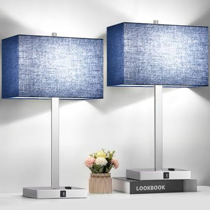 Lynnoland 21" Set of 2 Table lamp with USB A+C & AC Outlets, Touch Control 3-Way Dimmable Nightstand Lamps for Bedroom Living Room Office Reading, Blue Shade Touch Lamps, 5000K LED Bulbs Included - color: (2 Pack)Blue Line & Brushed Nickel (Base)-5000K Bu