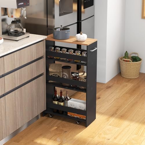 GIANTEX 4-Tier Rolling Slim Storage Cart, 8" Narrow Slide Out Kitchen Cart | Space-Saving Compact Mobile Utility Trolley with Handle & Open Shelves for Small Space, Laundry Room (Black & Natural) - color: Black & Natural, size: 8"W