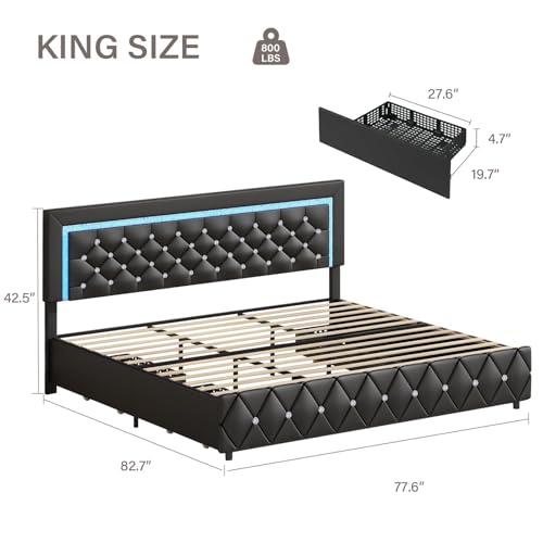 BarnFurin King Size Bed Frame with LED Headboard and Storage Drawers,Black | Upholstered Platform Bed with Crystal Tufted Headboard, Wooden Slats Support, No Box Spring Needed, Easy Assembly - color: Black, size: King