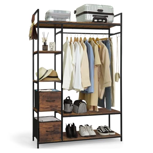 CAPHAUS 979lbs Capacity Garment Rack for Hanging Clothes, Heavy Duty Open Wardrobe w/Hanging Rods & Fabric Drawers, Free Standing Closet Organizer, Metal Closet Rack w/Rustic Oak Wooden Shelves - color: Rustic Oak, size: 48 Inch