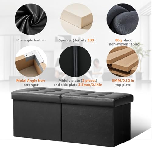 AmasSmile Footrest Ottoman Storage Bench,34" Leather Folding Chest,Black | Large Ottoman with Storage,Thicker Foam Padded Seat,Livingroom,Dorm,Bedroom,Entryway,Easy to install,34 x 13 x 13in - color: Black-leather