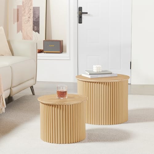 Round Nesting Coffee Table Set of 2, Small Fluted Coffee Table Circle Side Table, Boho Modern Wood Nesting Tables Farmhouse End Table Set for Living Room, Bedroom, Small Spaces(Natural) - color: Wood, size: Small-Fluted