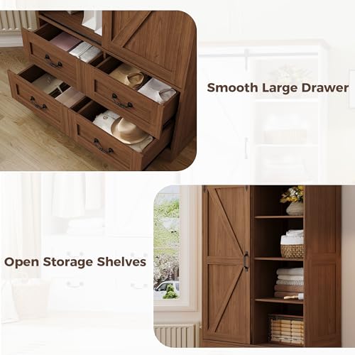 IRONCK Armoire Wardrobe Closet with 4 Drawers,71" Wardrobe Cabinet with Sliding Barn Doors, Tall Clothing Storage Cabinet with Hanging Rod and Shelves for Bedroom,Walnut - color: Walnut