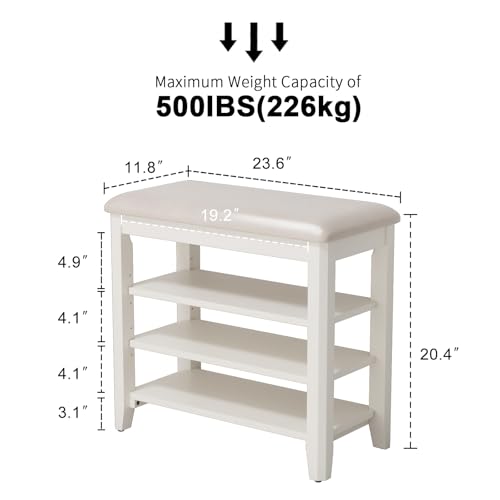 AQIMUELE Shoe Bench with Leather Cushion, 3 Tiers Shoe Storage Bench Height Adjustable, Walnut Wood Entryway Bench for Hallway, Mudroom - color: White, size: 23.62"