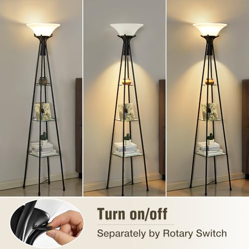 Luvkczc Torchiere Floor Lamp with Shelves, Black, 69" Tall | 3-Tier Glass Shelf, Plastic Shade, Adjustable Color Temperatures, Bulb Included - color: Black