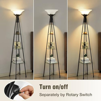Luvkczc Torchiere Floor Lamp with Shelves, Black, 69" Tall | 3-Tier Glass Shelf, Plastic Shade, Adjustable Color Temperatures, Bulb Included - color: Black