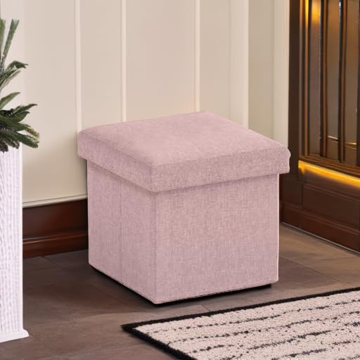 Ornavo Home Small Square Storage Ottoman, Foldable Linen, 12x12x12, Pink | Collapsible Cube Design; Foot Rest Stool Seat; Ideal for Living Room, Bedroom, Home Office or Dorm - color: Pink