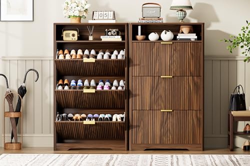 31" Fluted 2-Drawer Shoe Cabinet with Top Shelf, Narrow Entryway Organizer | Slim tipping bucket, gold handles, anti-tipping safety, holds 12-16 pairs, hallway storage, entryway accent table, 1 box - color: Walnut Color, size: 3