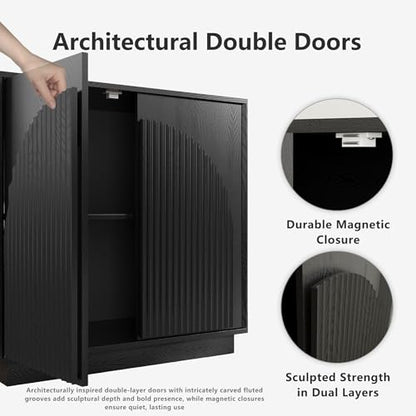 win2win 31.5" Small Buffet Cabinet with Storage, Arched Doors, Black, 1PCS | Modern Console Cabinet for Dining Living Room Kitchen Entryway, Modular Accent Cabinet, Credenza with Wood Grain, Fluted - color: Black
