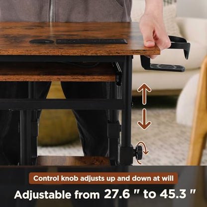 FAHKNS C Table with Wheels, Adjustable Couch Table with Charging Station, Couch with Cup Holder, Sofa Bedside Laptop Stand C Shaped TV Tray with Storage Shelves