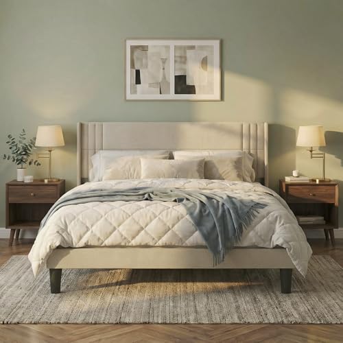 Gizoon King Bed Frame with Wingback Headboard, Upholstered Platform Bed | Bed Frame with Padded Headboard,Wooden Slats, Noise-Free, No Box Spring Needed, Easy Assembly,Beige - color: Beige, size: King