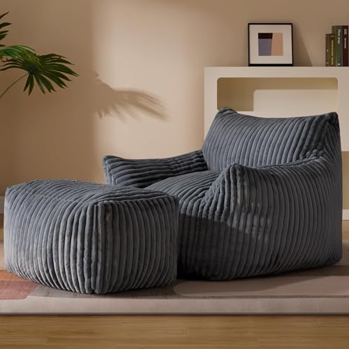 Gericco Oversized Bean Bag Chaise Lounge Chair Indoor for Adults with Armrests & Ottoman - Giant Comfy Gray Beanbag Floor Sofa Cloud Accent Chair for Reading, Gaming, Cozy Plush Cloud Mini Couch - color: Grey, size: XL Sofa Chair + Footstool