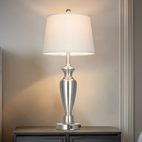 Cinyirong 30" Tall Silver Table Lamp for Living Room, 3-Way Dimmable Touch Control Bedside Lamp for Bedroom Nightstand with USB A+C Ports & AC Outlet (1 Pack) - color: Silver (1 Pack)