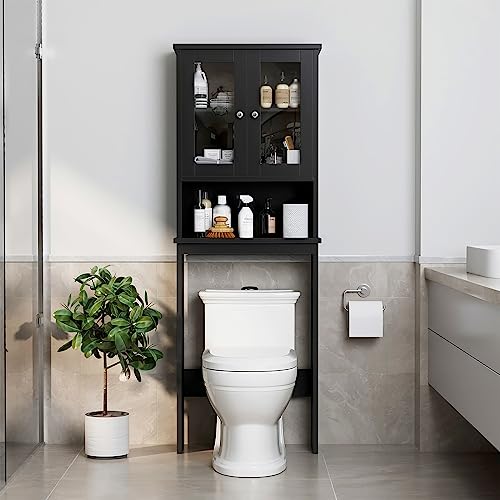 Over The Toilet Storage Cabinet for Bathroom, Black Storage Organizer Over Toilet, Space Saver with 2 Tempered Glass Doors, Black - color: Black, style: Glass Doors