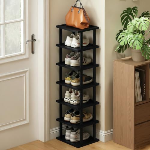 Vertical Shoe Rack - Tall Narrow Shoe Rack Organizer for Small Spaces,7 Tier Bamboo Shoen Shelf for Entryway,Closet,Corner,Doorway,Skinny Shoe Shelf Space Saving Shoe Storage,Free Stackable DIY - color: Black, size: 7-tier
