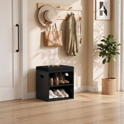 2 Tier Small Shoe Storage Bench Black US-FHXD01B | hold up to 4 pairs of shoes, with Adjustable Middle Shelf, Padded Seat Cushion,cut-out handle - color: Black