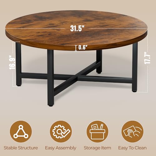 Round Coffee Table, 31.5" Brown Coffee Table, Coffee Tables for Living Room | Circle Wooden Coffee Table, Large Modern Center Table with Metal Frame for Office Apartment Home Small Space - color: 31.5"d Round Brown