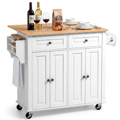 VEVOR Kitchen Island Cart with Storage, 43.58 in Wide Mobile Rolling Storage Island on Swivel Wheels, with 2 Drawers, Storage Cabinet, Drop Leaf, Spice/Towel Rack, Table for Home Dining Room, White - color: White(dropleaf)