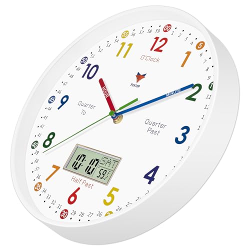 Foxtop Digital and Analog Learning Clock for Kids - Telling Time Teaching Clock 12 Inch Silent Non-Ticking Battery Operated Kids Wall Clock for Kids Room Playroom Nursery Classroom School (White) - color: White, size: 12 Inch