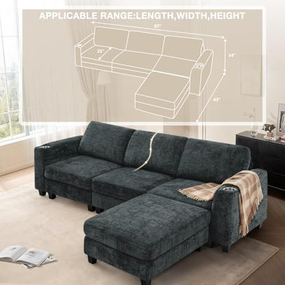 87" Chenille 3 Seater Couch with Soft Ottoman, Grey | L-Shape Sectional Sofa with Durable Cup Holders, Upholstered Sofa with Comfy Backrests for Living Room, House - color: Grey, size: 87" L-Shape