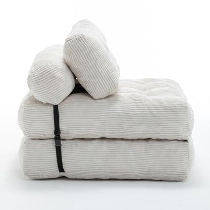 Beige Convertible Sofa Bed Folding Sofa Bed Sleeper Chair Couch Beds, Comfy Floor Beds with Pillow and Back Support, Small Couch for Bedroom, Living Room Bedroom - color: White