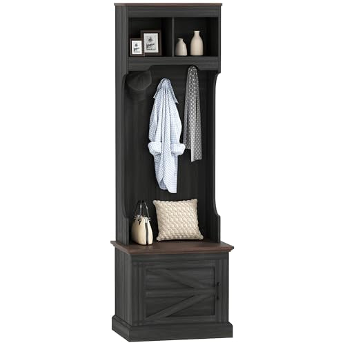 HOMCOM 3-in-1 Hall Tree with Shoe Storage, Shoe Bench, Black Wood Grain | Standing Coat Rack, Entryway Furniture, Three Hooks - color: Black Wood Grain