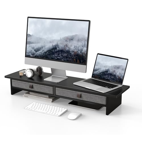 Fenge 35 Inch Monitor Stand with Drawer Storage, Computer Riser for Desk | Wooden Computer Shelf, 2 Tiers, for Dual Monitor/Laptop/PC/TV/Printer up to 55Lbs, Home Office Desk Organizer - color: Black