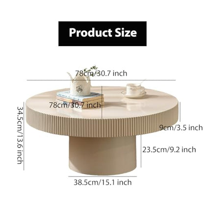 Round Fluted Coffee Table Handcrafted Relief Drum End Table | Mid Century Modern Drum Coffee Tables Rustic Industrials Wood Center Table for Apartment Living Room - color: White Round Thin