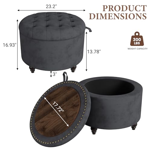 24 Inch Round Storage Ottoman,Modern Tufted Ottomans,Circular Coffee Table with Removable Top,Upholstered Large Ottoman with Storage Footrest Stool for Bedroom Living Room (Darkgrey) - color: Grey, size: 24"D x 24"W x 16.9"H