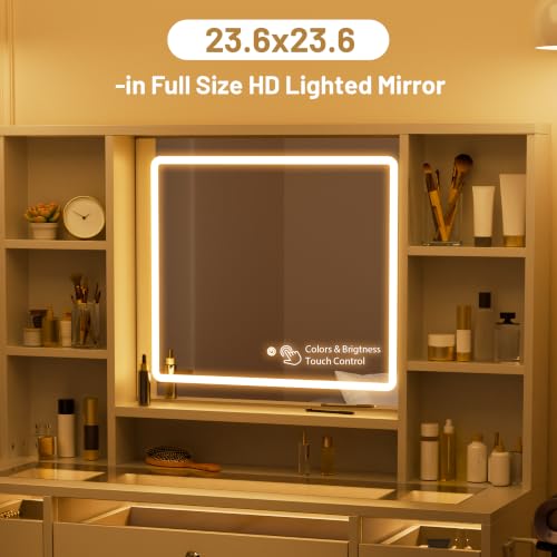 LIVELYGLOW 43.3" White Large Makeup Vanity Desk with Glass Top & RGB Lights - color: White/Transparent
