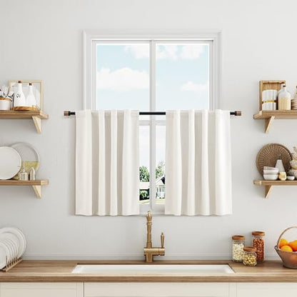 White 100% Blackout Kitchen Linen Curtains Back Tab Pleated Small Drape 24 Inch Length Privacy Elegant Modern Cafe Curtain for Rustic Farmhouse Sound Proof Bedroom Half Window 26x24 - color: White, size: 26"W x 24"L (Pack of 2)