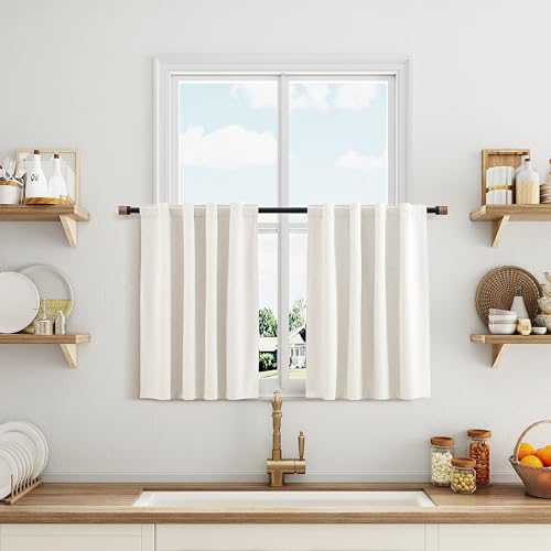 White 100% Blackout Kitchen Linen Curtains Back Tab Pleated Small Drape 24 Inch Length Privacy Elegant Modern Cafe Curtain for Rustic Farmhouse Sound Proof Bedroom Half Window 26x24 - color: White, size: 26"W x 24"L (Pack of 2)
