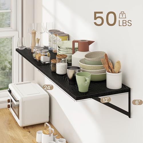 Dreamland Wall Mounted Floating Shelves Set of 2, 24x12, Black | Engineered Wood, Visible Bracket, Large Storage, Hold Up to 50lbs, Living Room, Bathroom, Bedroom, Kitchen - color: Black, size: 24"W x 12"D