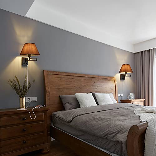 Swing Arm Wall Lamp.Plug in Wall Sconces with USB Port and AC Outlet.Sconces Wall Lighting Coffee Fabric Shade with Dimmable Switch for Hallway Bedroom Living Room.Black Finish. - color: Black