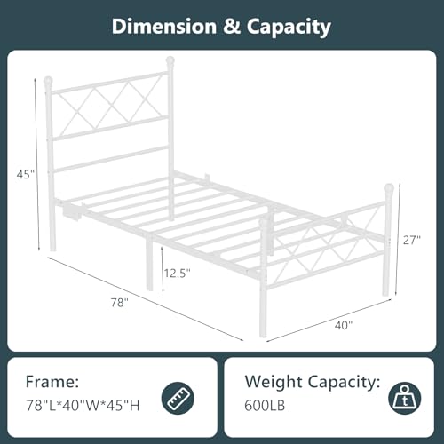 VINGLI White Twin Bed Frame with Headboard and Footboard, 12 Inch Under Bed Storage, Metal Twin Bed Frames Heavy Duty Platform Bed with Charging Station, LED Lights - color: White, size: Twin