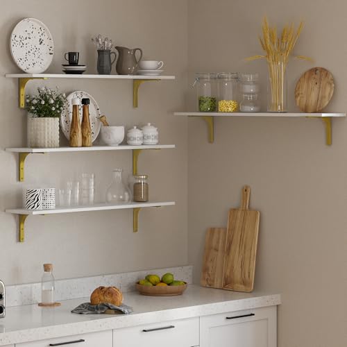 Long Wall Shelves, 39.4Inch Wooden Wall Mounted Shelves, Set of 4 | Large Floating Book Shelf, Metal Brackets, Easy Assembly, Max Load 33lbs, Wall Storage Ledges, Bedroom/Bathroom, White & Gold - color: White and Gold, size: 39.4 Inch (4 Pack)